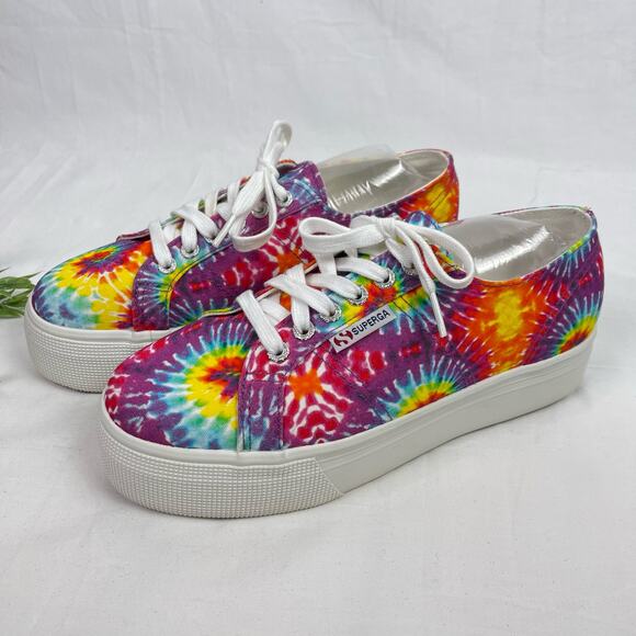 Superga Canvas Sneakers Rainbow Tie Dye Platform 2790 Size 39.5 - US 9 Like New - Picture 7 of 9
